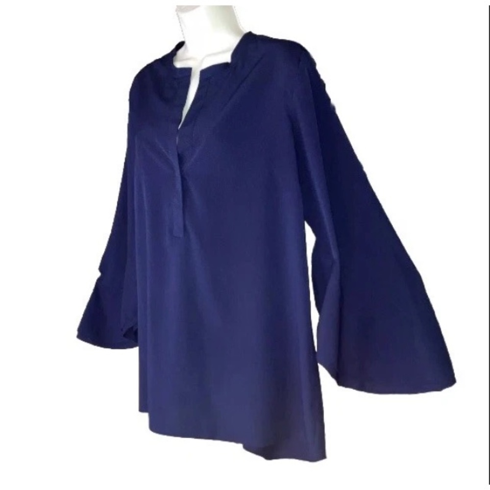 Soft Surroundings Navy V Neck M Blouse Popover Bell Sleeve Top Evenings Romance.